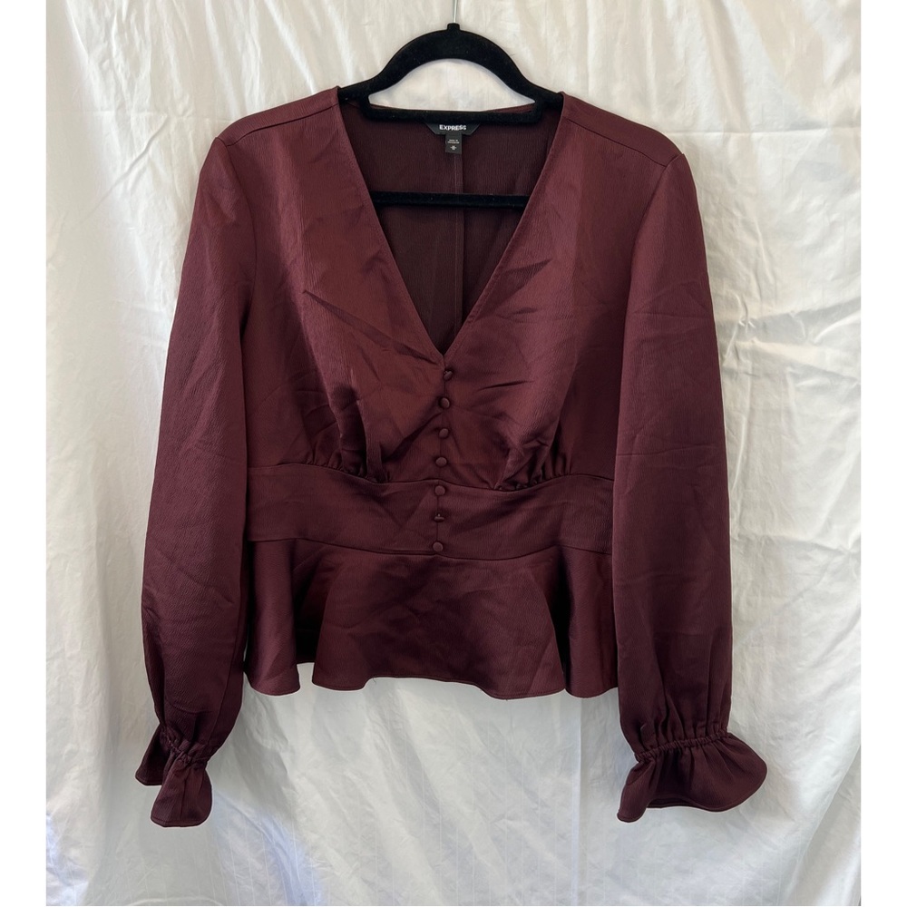 Express Burgundy V-Neck Buttoned Peplum Blouse